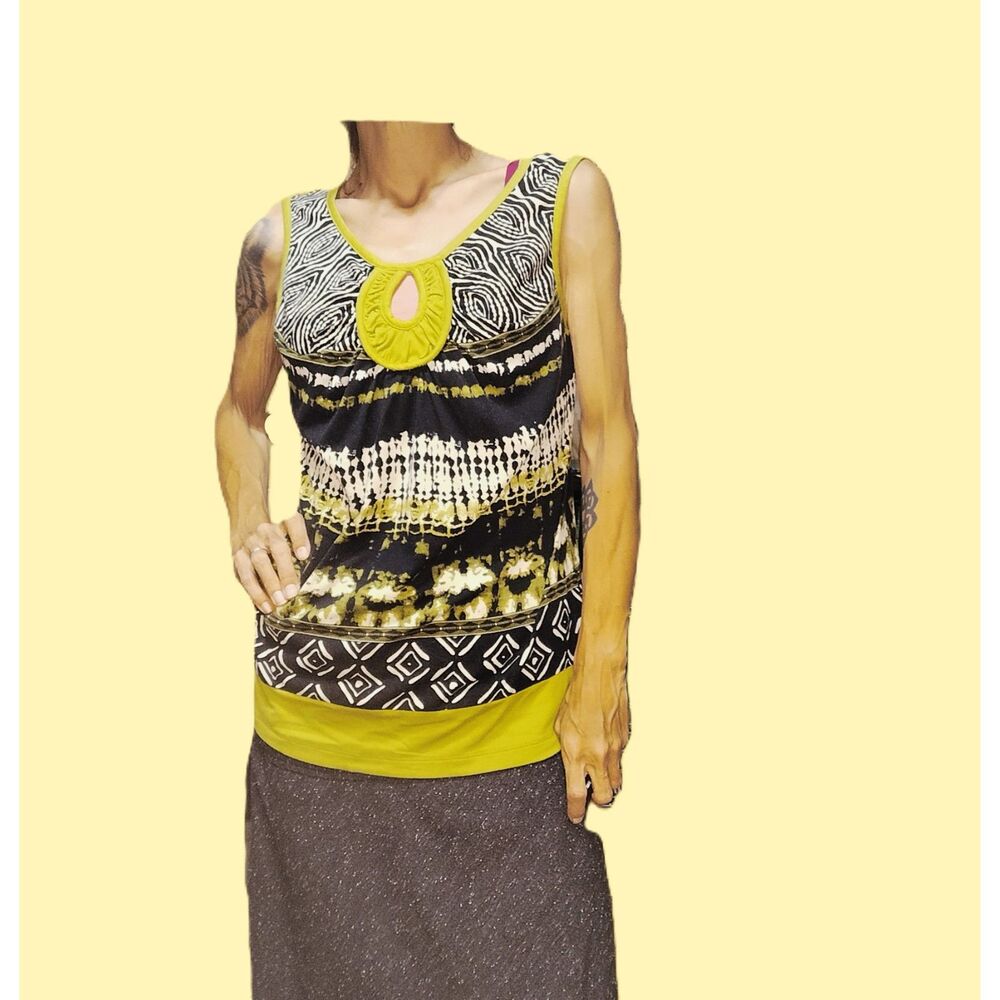 Cato Olive Green Black Tribal Geometric Tank Top ~ Size Medium | Keyhole Necklin